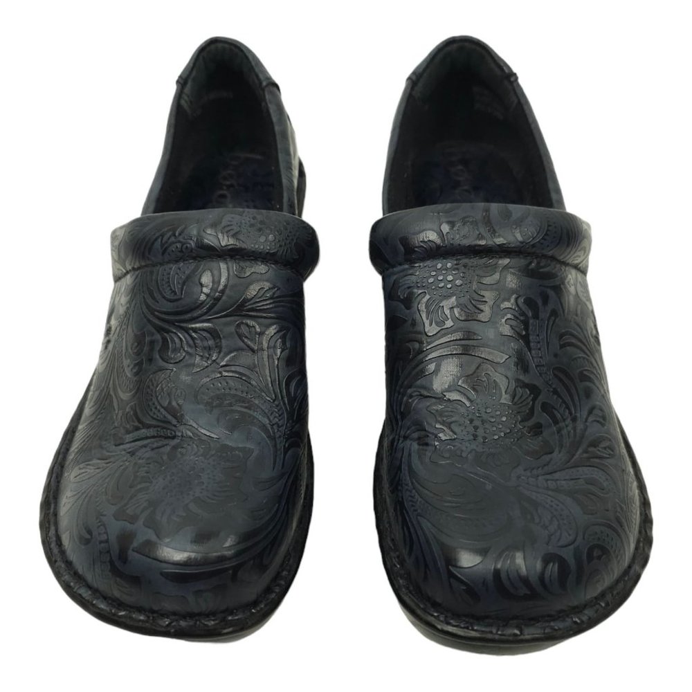 BOC Clog Wedge Comfort Shoe Womens Size 7 Navy Embossed Slip On Born Concepts - Picture 9 of 11
